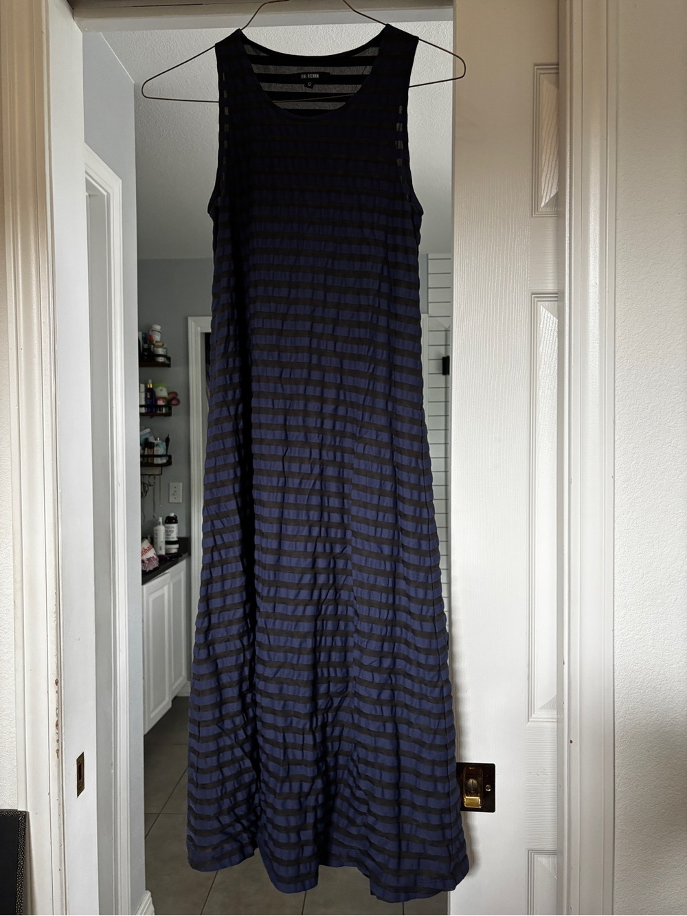 Kal Rieman stunning Sleeveless Navy and Black Striped Maxi Dress worn once